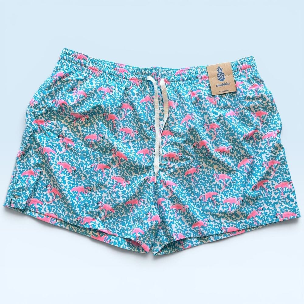 Chubbies Swim Trunks Mens 2XL Blue Flamingo Shortie 4 Inseam Lined Quick Dry